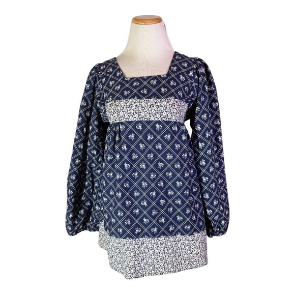 Vintage 1970s Nancy B Blue Floral Minidress Long Sleeves *Flaw - Picture 1 of 16